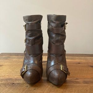 Michael Kors Brown Leather Bootie, Brass buckles